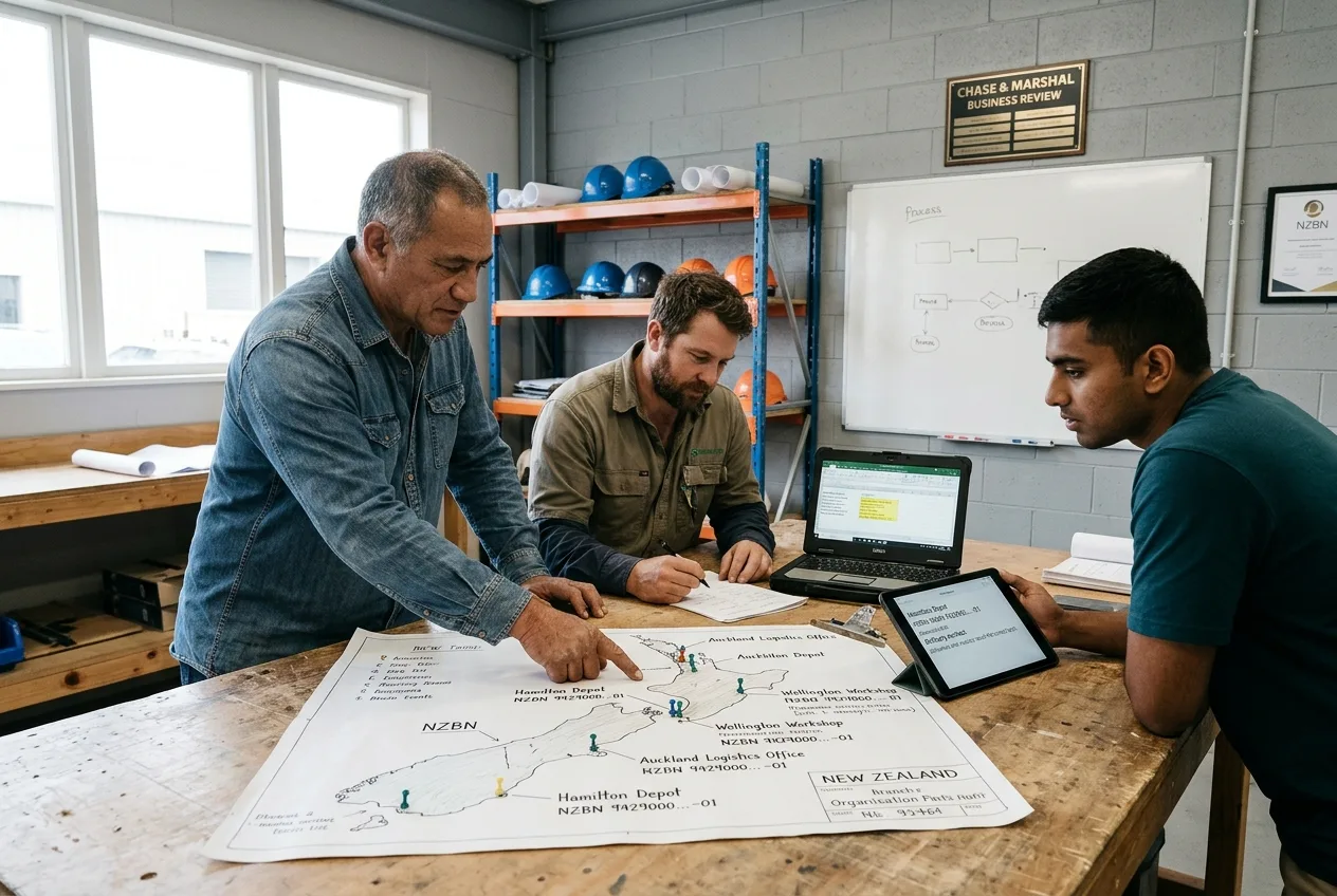 Three colleagues in a New Zealand business training room testing an administrative workflow for updating branch delivery and invoicing details.