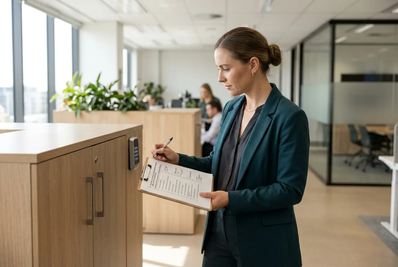 Operations lead in a contemporary New Zealand office reviewing a structured process checklist at a secure workstation before automation.