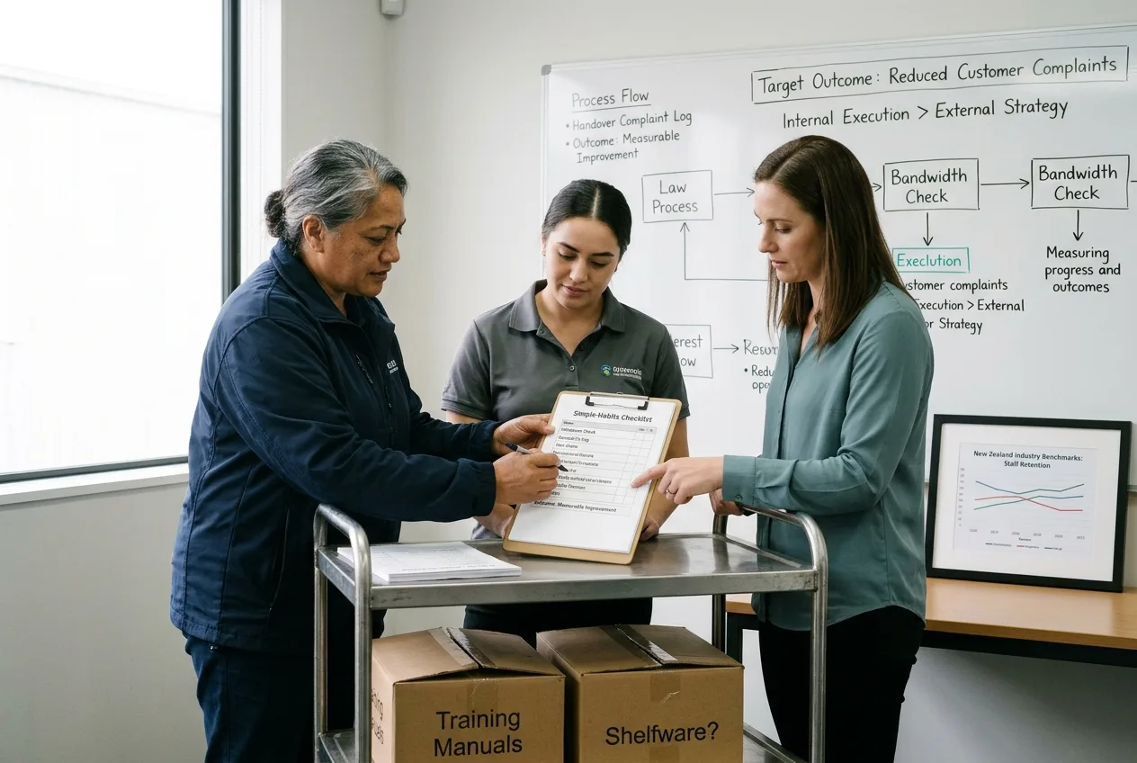 Three colleagues in a New Zealand training room walking through a customer service handover, with one demonstrating and two checking the process.