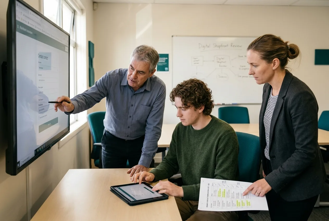 Three colleagues in a New Zealand business training room reviewing a website customer journey together? And demonstrating, testing, and checking each step.