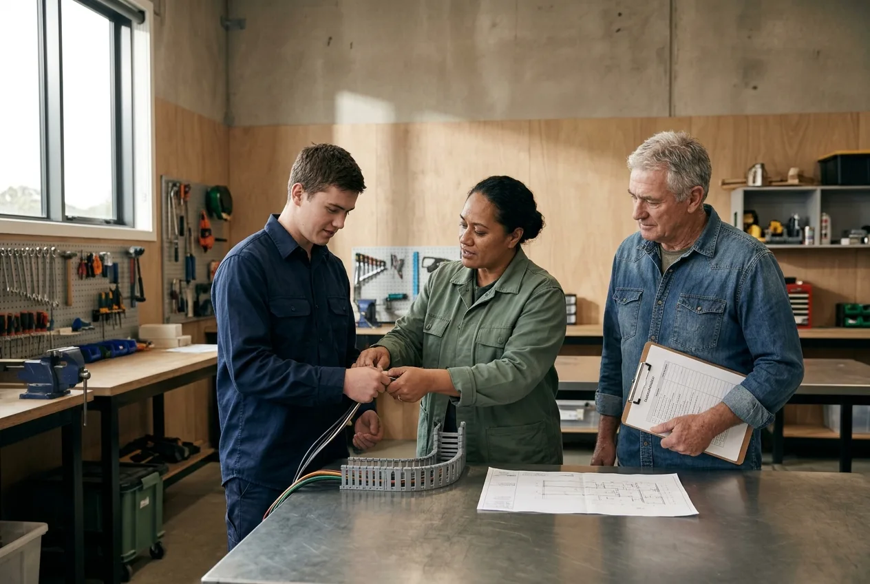 Three colleagues in a New Zealand training room working through a new quoting and handover workflow while reviewing practical friction points.