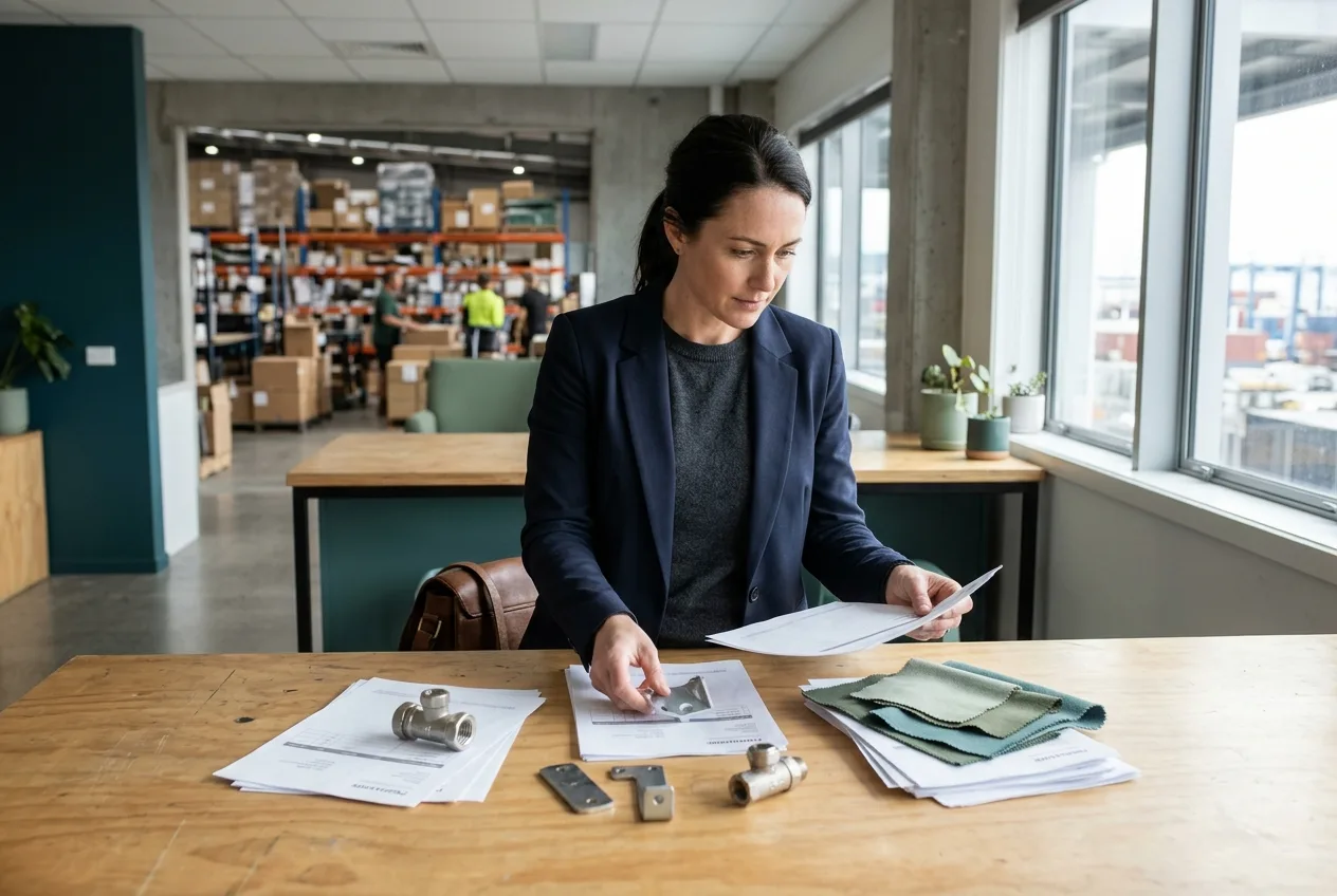 Finance lead in a New Zealand distribution office overlooking a working stockroom, sorting product samples and purchase orders by growth priority.