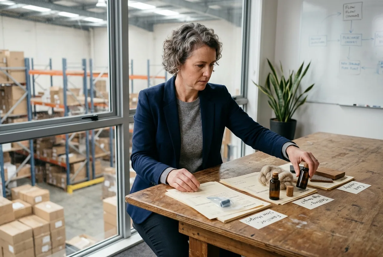Finance lead in a New Zealand distribution office examining physical product samples and purchase orders to compare customer demand with offer fit.