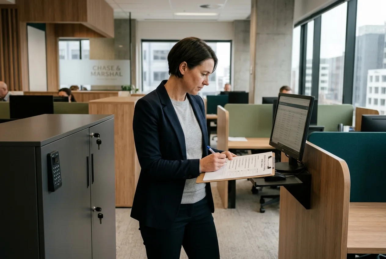 Operations lead in a New Zealand office reviewing a physical sign-off checklist beside a closed records cabinet to verify an AI pilot output.