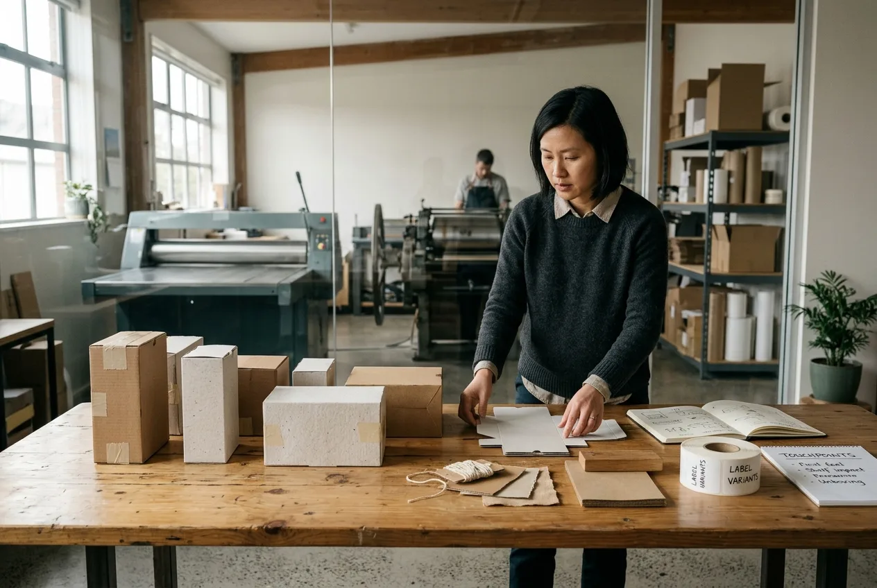 Customer researcher in a New Zealand product studio arranging unbranded packaging prototypes and material samples to streamline campaign commitments.