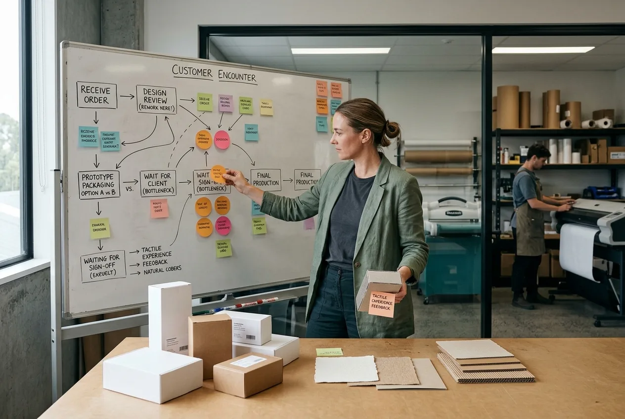 Customer researcher in a New Zealand product studio arranging unbranded packaging prototypes and material samples to trace a production bottleneck.