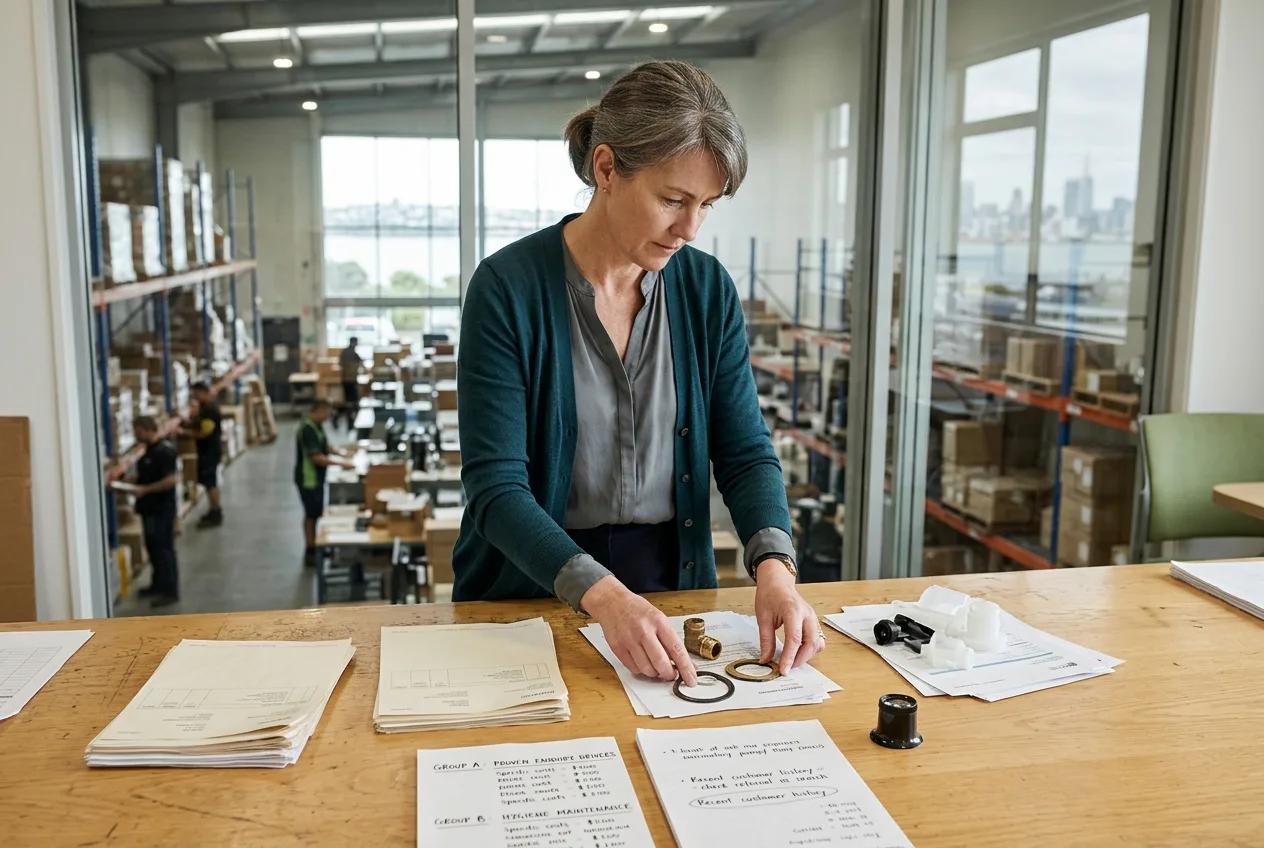 Finance lead in a New Zealand distribution office reviewing recent purchase orders and physical product samples to trace how customers find the business.