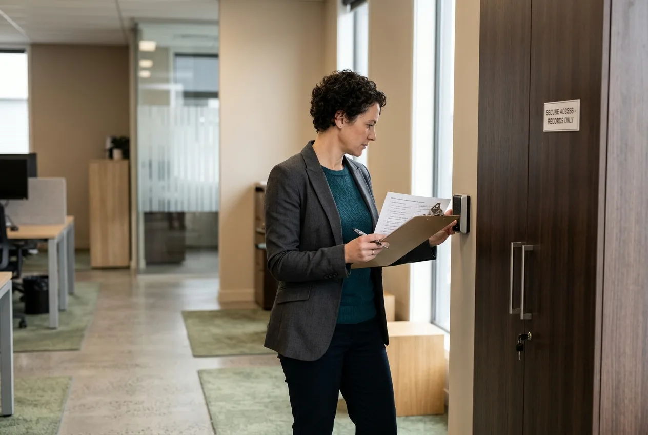 Operations lead in a contemporary New Zealand office inspecting a data-residency and access checklist beside a locked records cabinet.