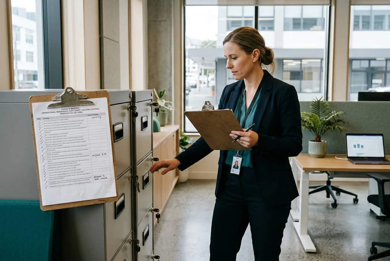 Operations lead at a secure workstation in a New Zealand office checking record handovers on a physical checklist beside a closed cabinet.