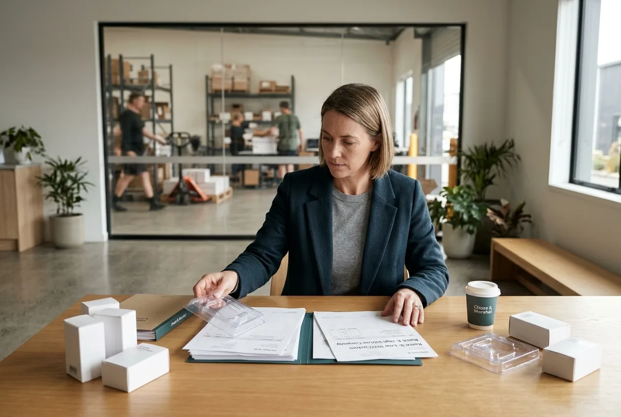 Finance lead in a New Zealand distribution office overlooking a stockroom, sorting product samples and purchase orders around core customer questions.