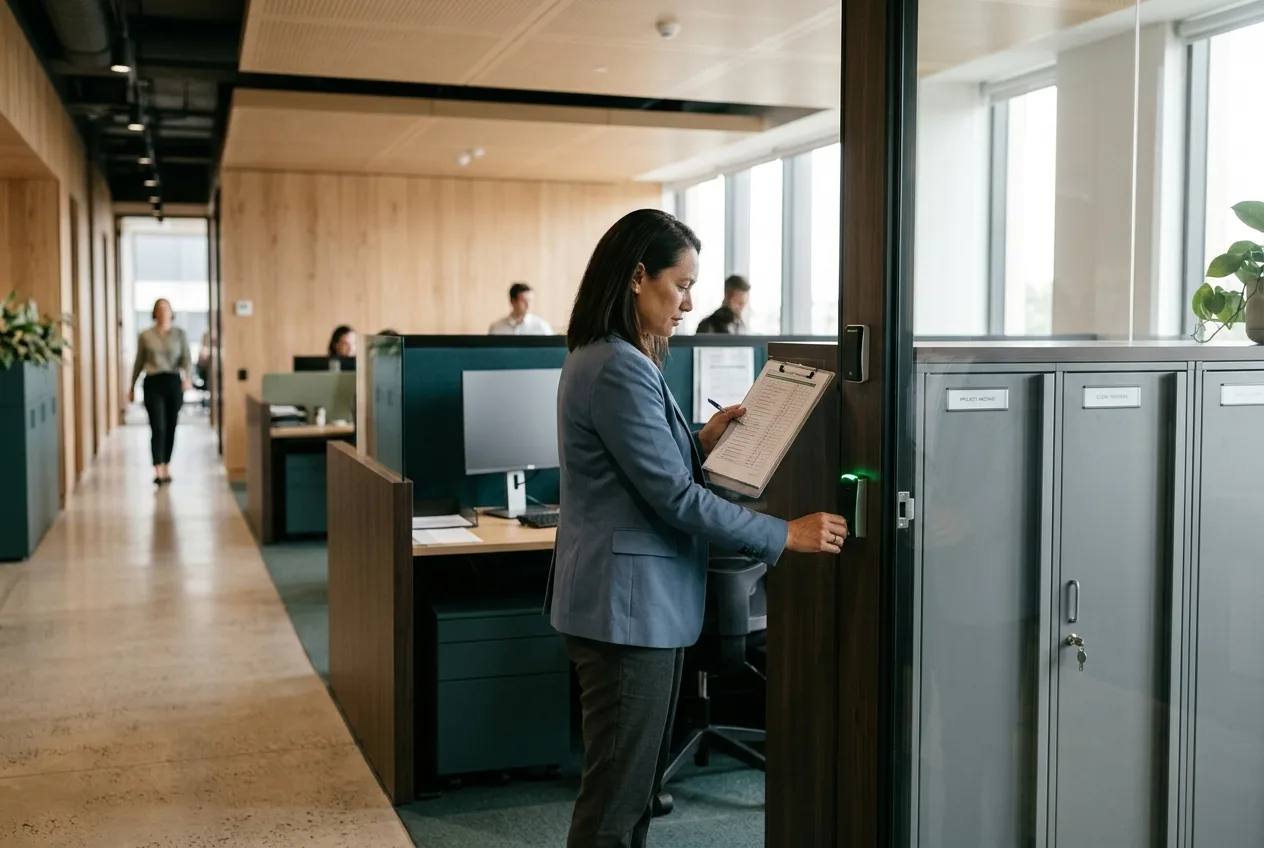 Operations lead at a secure workstation in a New Zealand professional-services office checking a manual verification checklist beside a closed cabinet.
