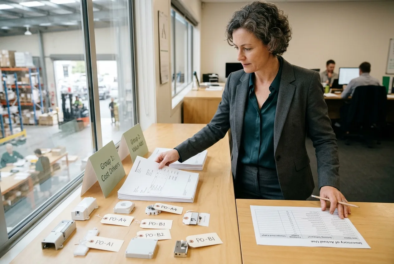 Finance lead in a light-filled New Zealand distribution office sorting unlabelled purchase orders and product samples to review payment controls.