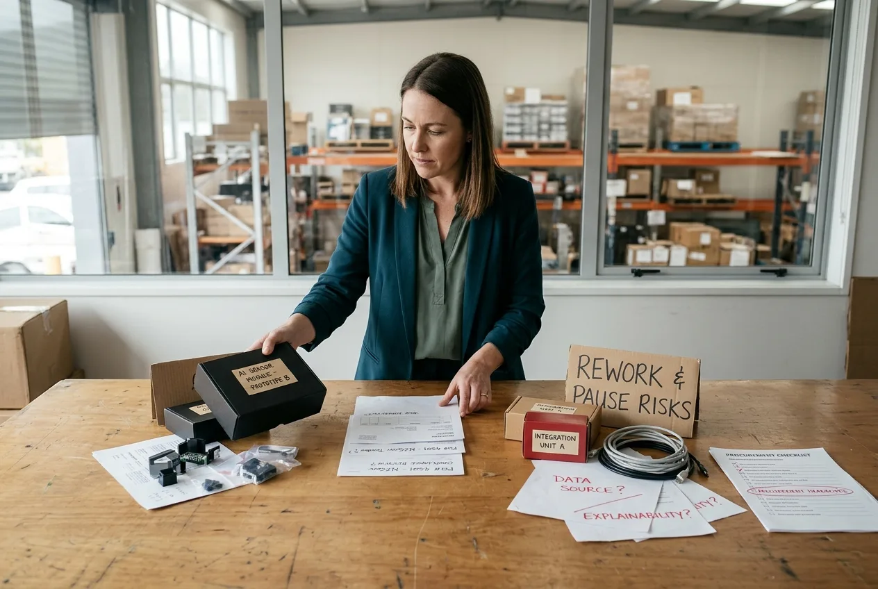 Finance lead in a New Zealand distribution office overlooking a stockroom, grouping purchase orders and product samples against governance criteria.