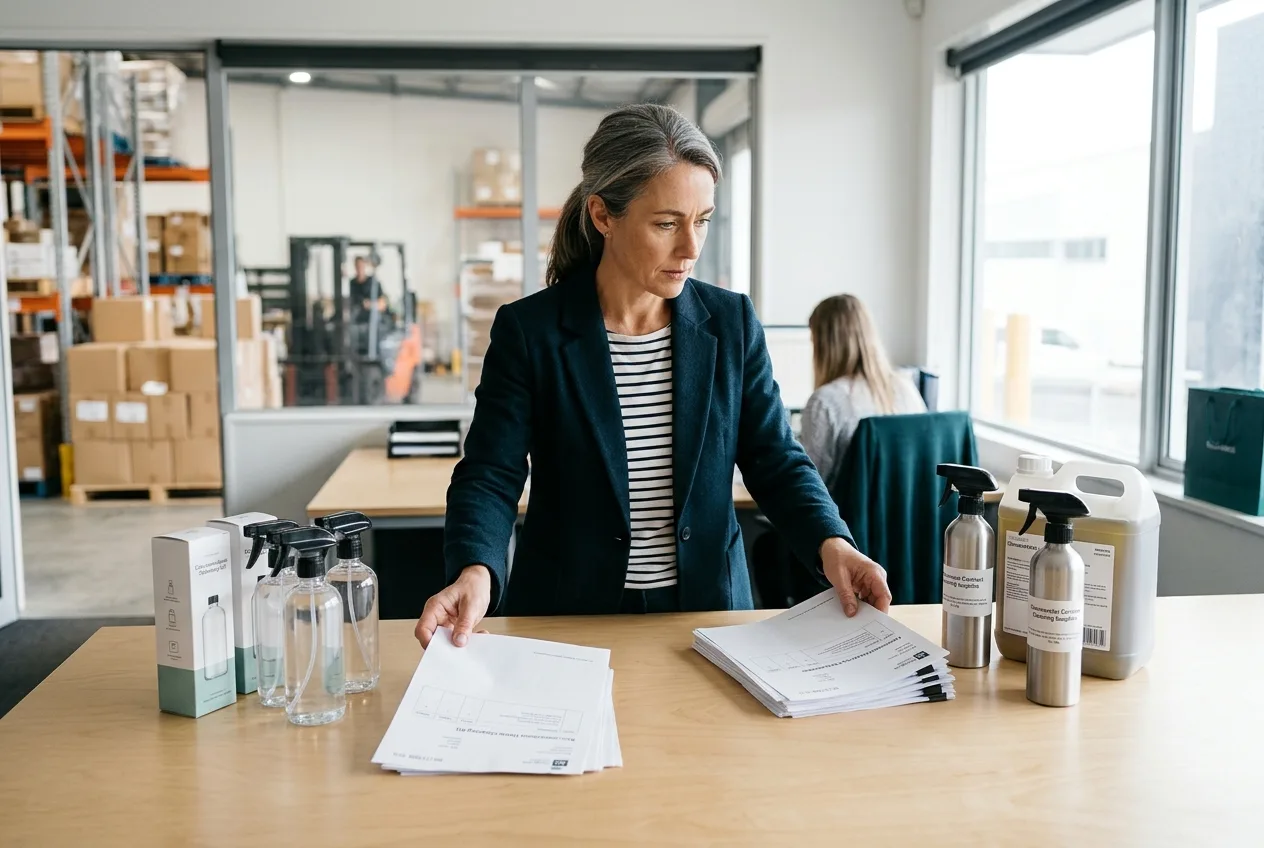 Finance lead in a New Zealand distribution office examining unlabelled product samples and purchase orders to test distinct product positioning.