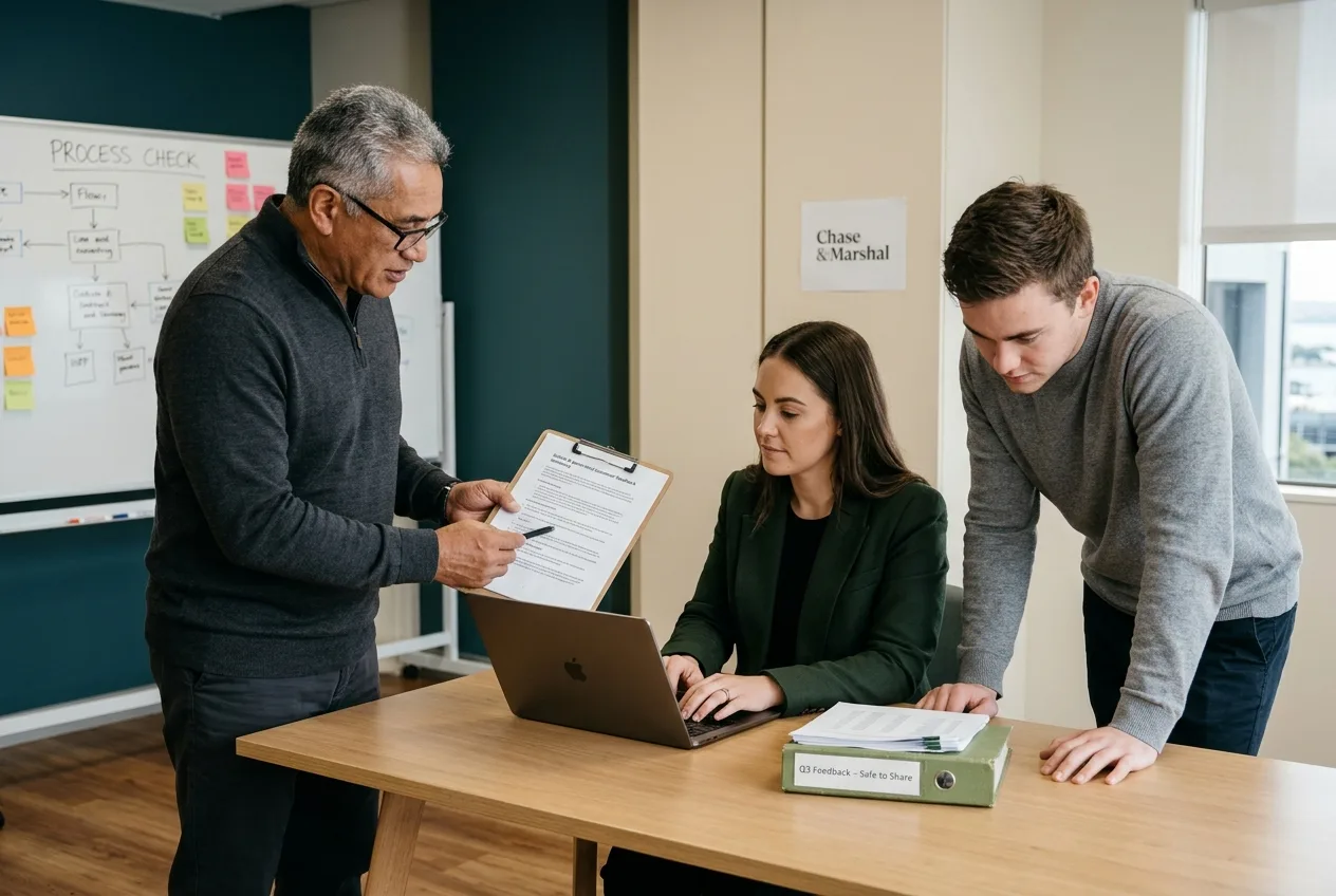 Three colleagues of varying experience in a New Zealand training room practising a task, comparing a drafted workflow output against quality standards.