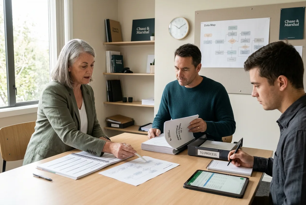 Three colleagues in a New Zealand training room testing a daily workflow togetherâ€”one demonstrating, one testing, and one checking the result.