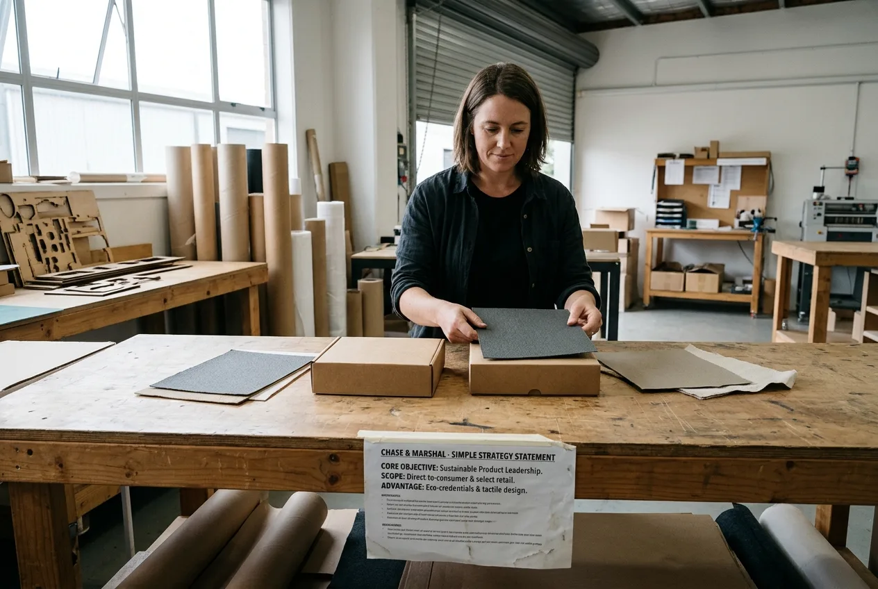 Customer researcher in a New Zealand product studio comparing unbranded packaging prototypes and tactile material samples against a one-page plan.