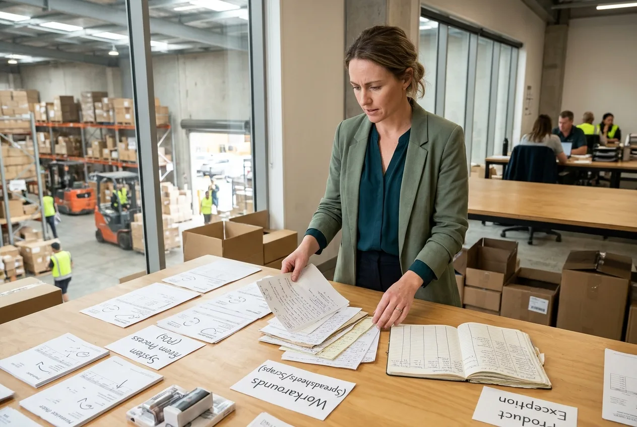 Finance lead in a New Zealand distribution office reviewing purchase orders and physical stock samples to check six-month process conformance.