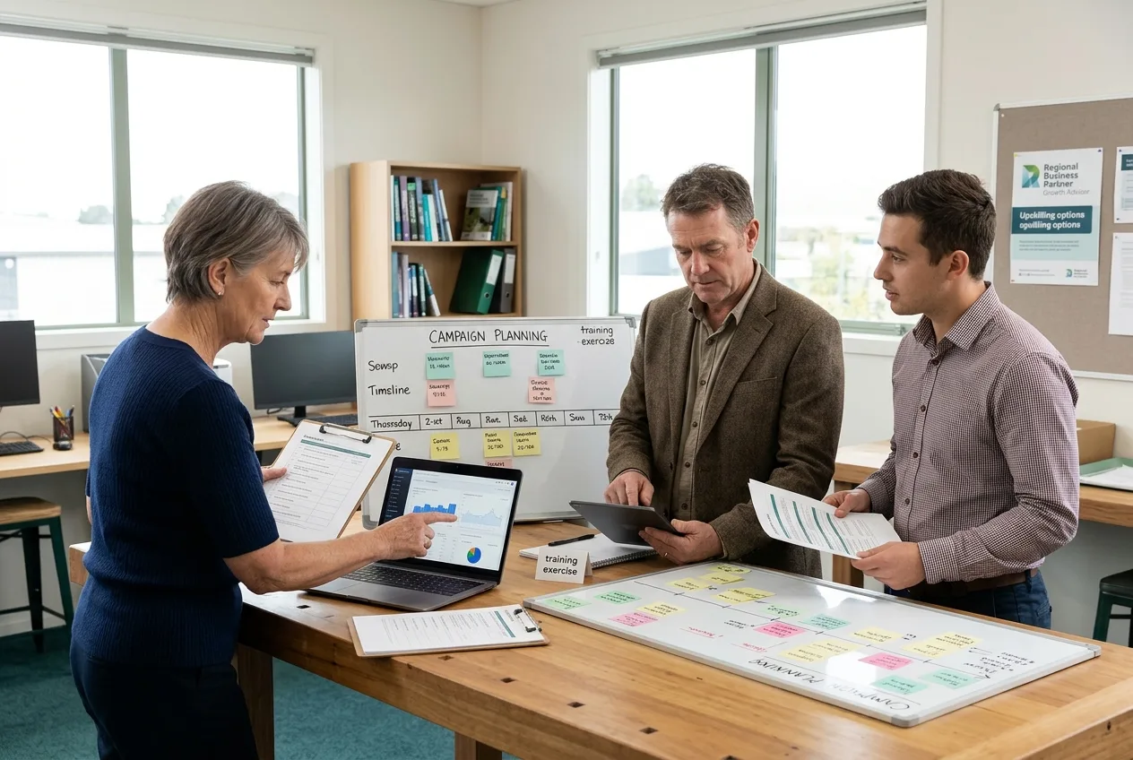 Three colleagues in a New Zealand training room practising a marketing workflow together to evaluate in-house capability and task ownership.