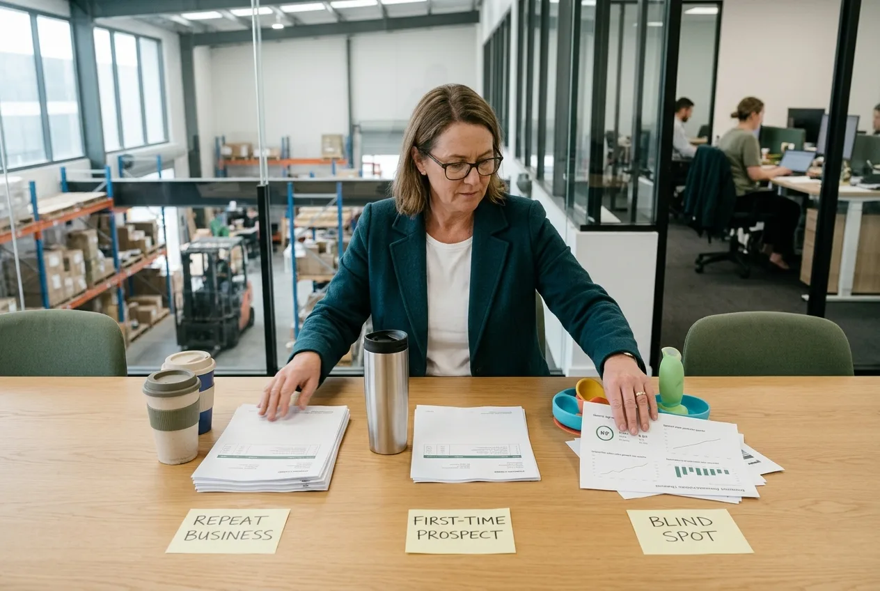 Finance lead in a New Zealand distribution office overlooking a stockroom, comparing physical product samples and purchase orders by customer segment.
