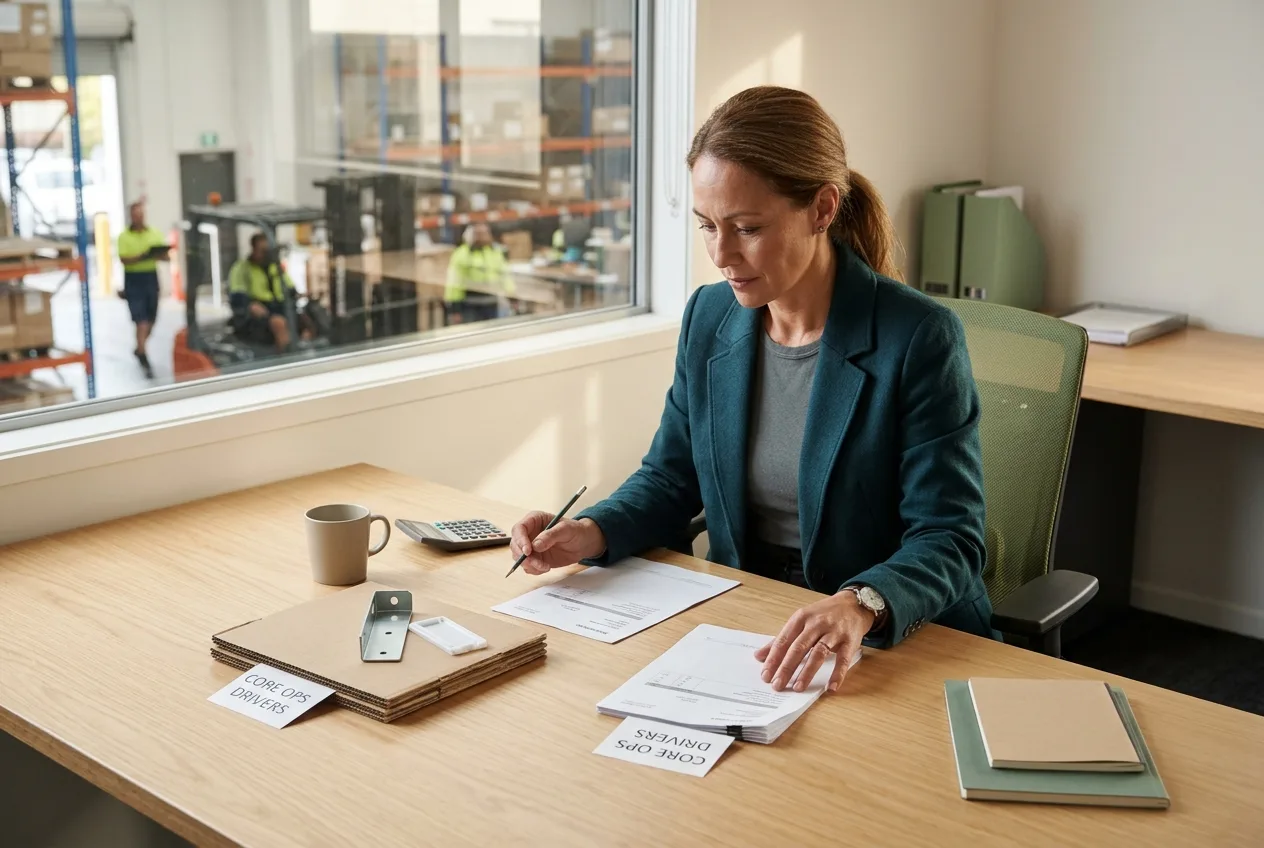 Finance lead in a New Zealand distribution office separating purchase orders and product samples into practical groups for a digital change project.