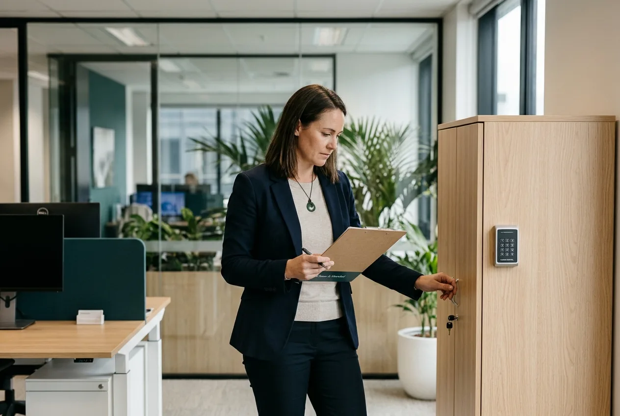 Operations lead at a secure workstation in a New Zealand office tracing customer data access controls on a physical checklist.
