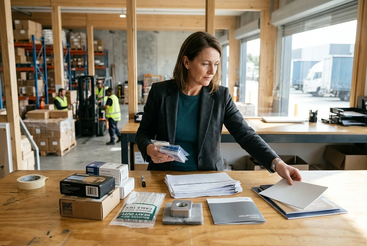 Finance lead in a light-filled New Zealand distribution office sorting unlabelled purchase orders and product samples into ring-fenced budget groups.