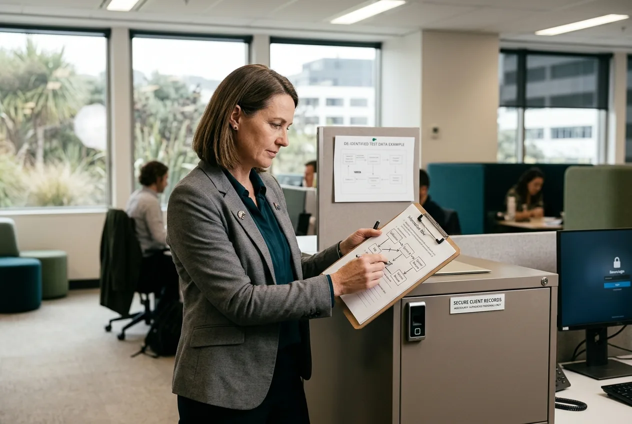 Operations lead at a secure records workstation in a New Zealand office checking a privacy and data-flow checklist beside a closed cabinet.
